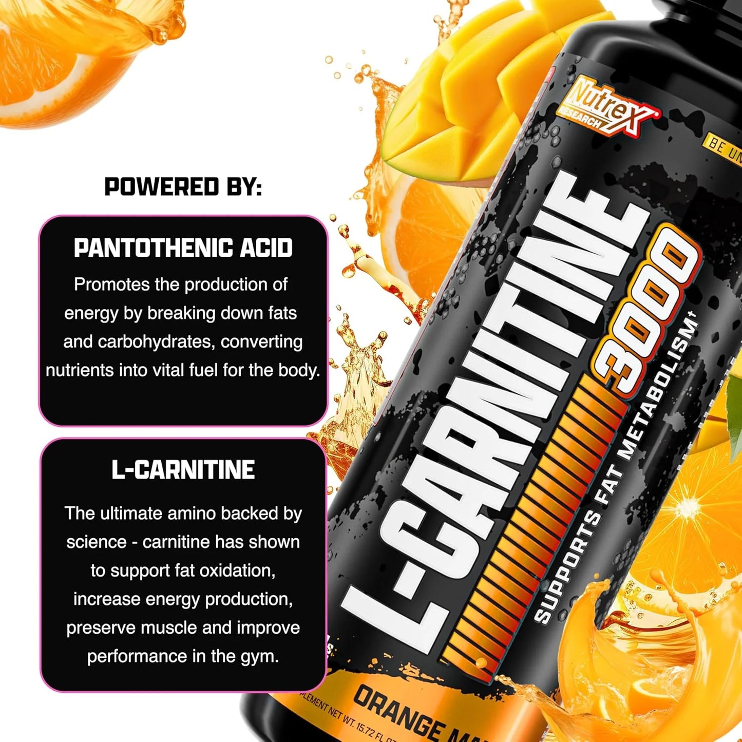 Nutrex Research Liquid Carnitine 3000 | Orange Mango | Stimulant Free | 31 Servings 16 Fl Oz